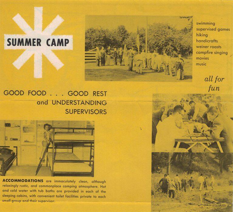 A bright yellow poster advertising a summer camp with photos of campers and slogans such as Good Food, Good Rest, and Understanding Supervisors.