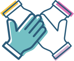 Two blue hands joining to form a heart against a green background.