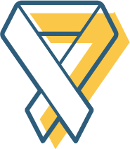 Geometric logo with blue outlines and orange-yellow shapes intersected by a white diagonal stripe.