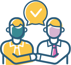 Two illustrated workers wearing safety helmets discuss, with a speech bubble featuring a checkmark above them.