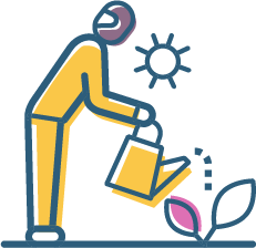 Cartoon figure in yellow bends to water a small pink flower with a yellow watering can.