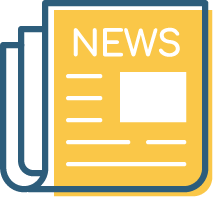 yellow icon, newspaper, texts reads: news
