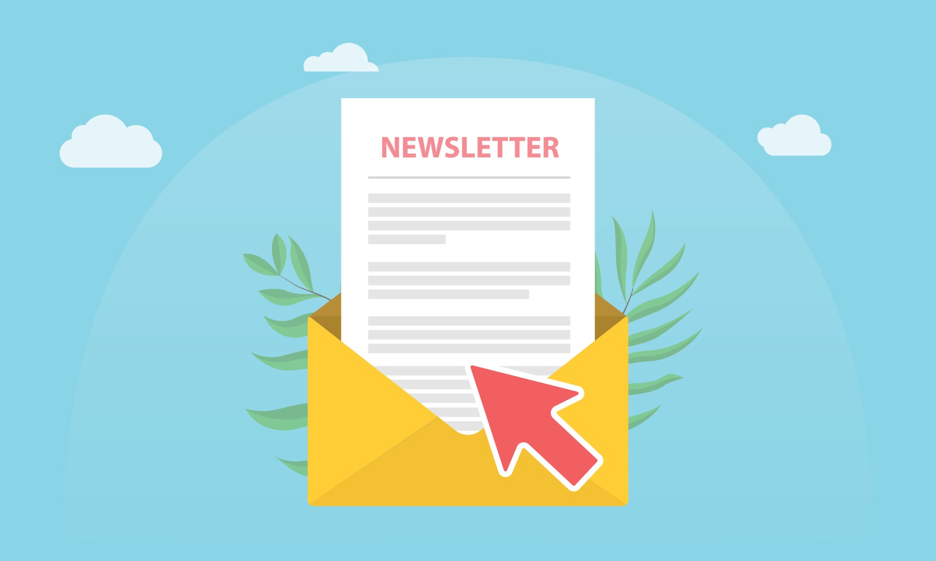 yellow envelope with piece of paper coming out of it with word "newsletter" written on it. cursor clicking on envelope.