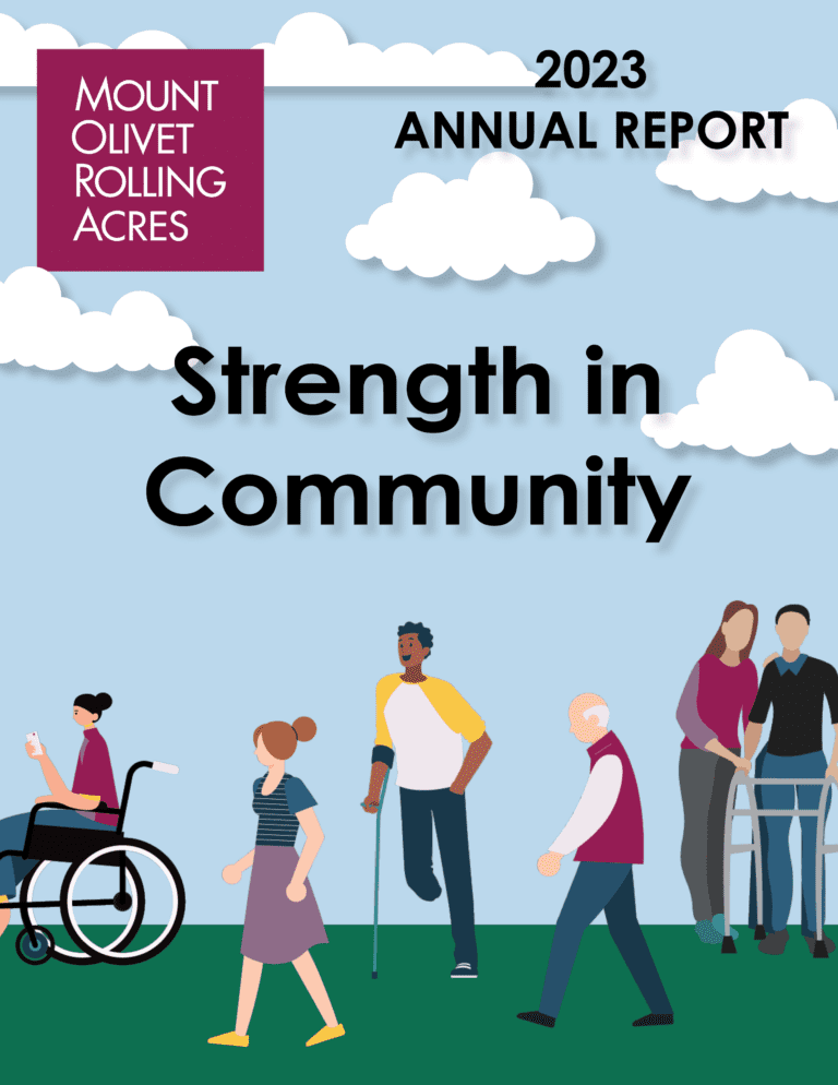 Annual report cover for Mount Olivet Rolling Acres 2023, titled Strength in Community, showing a diverse group of people—including a person in a wheelchair—on a grassy field under a cloudy blue sky.