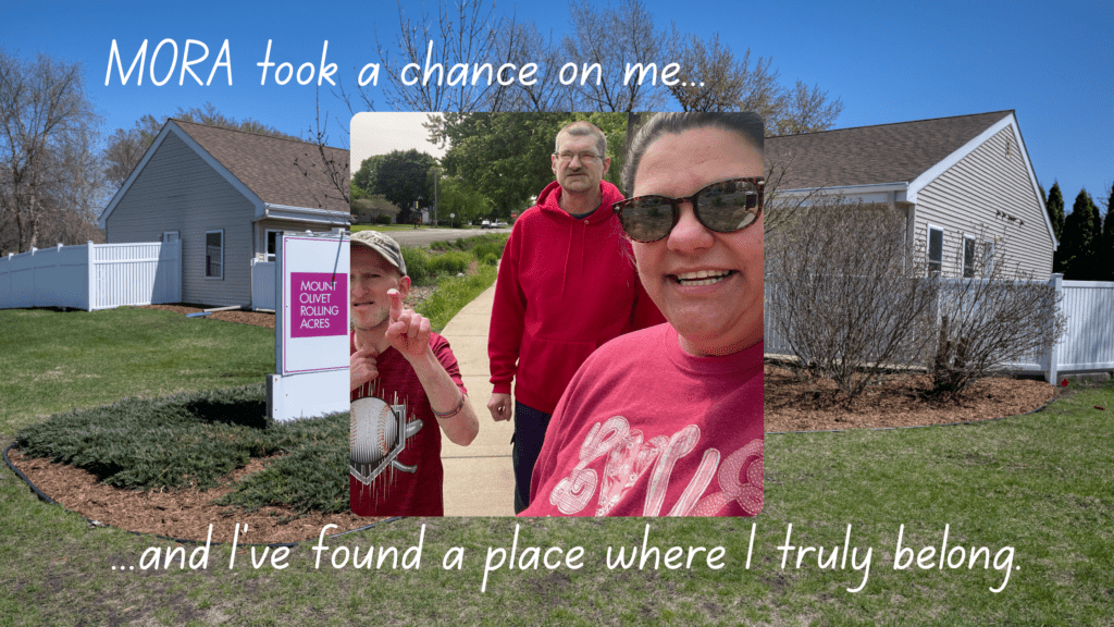 Collage of two smiling people posing outdoors with a sign, overlaid with text about MORA taking a chance and finding a place to belong.