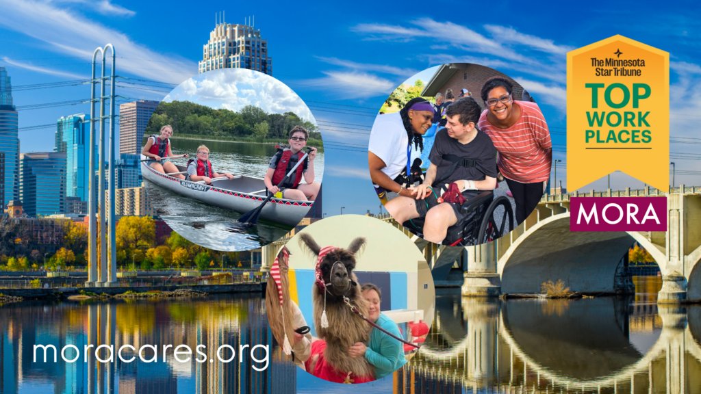 Collage of people enjoying outdoor activities with a city skyline and river backdrop, featuring Mora Cares branding and a Top Work Places award badge.