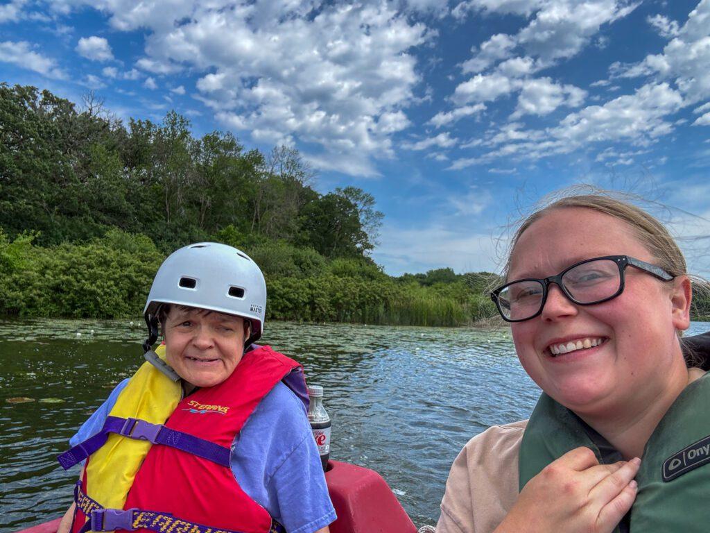 Two woman in a boat on the lake