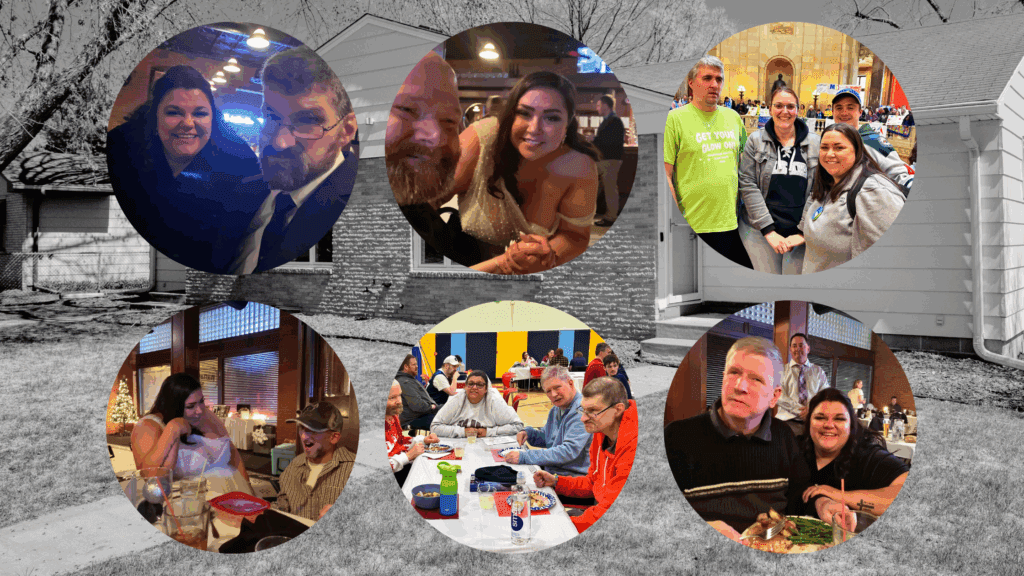 Six circular photos arranged as a collage of friends and family sharing meals and posing together.