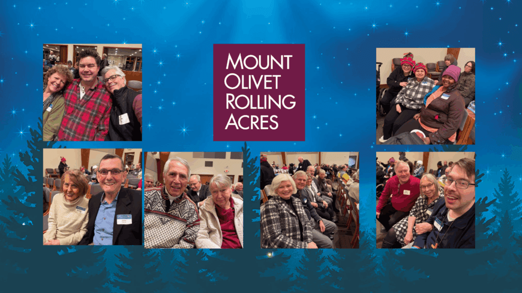 A collage of six photos showing smiling seniors surrounding a central purple square labeled Mount Olivet Rolling Acres, set against a blue starry background with pine tree silhouettes.