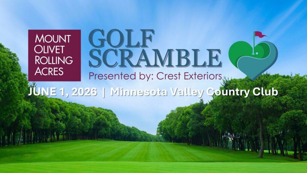 Banner advertising the Mount Olivet Rolling Acres Golf Scramble presented by Crest Exteriors at Minnesota Valley Country Club on June 7, 2026, featuring a tree-lined golf course.