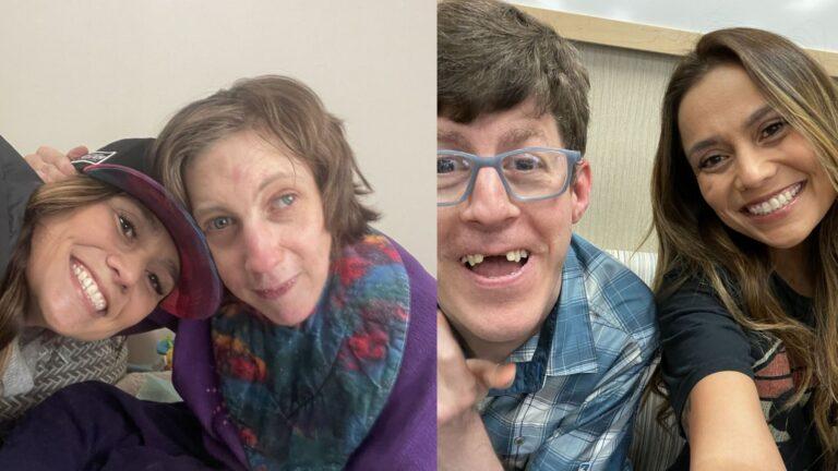 A collage showing four people: two smiling women on the left, and a smiling man with braces alongside a smiling woman on the right.