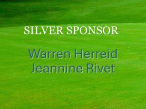 Green gradient background with white “SILVER SPONSOR” text and blue names Warren Herreid and Jeannine Rivet.