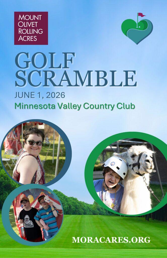 Promotional poster for MORACARES Golf Scramble fundraiser at Minnesota Valley Country Club on June 1, 2026.