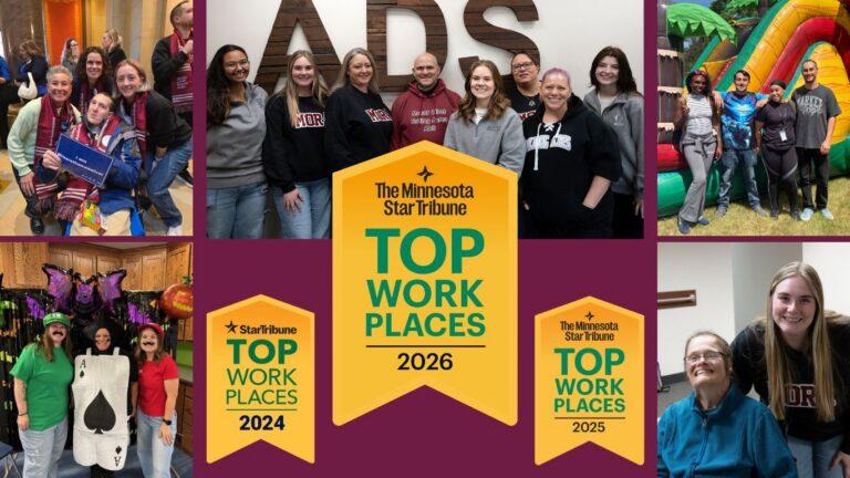 Group collage of employees smiling and posing with The Minnesota Star Tribune Top Work Places banners for 2024 and 2026.