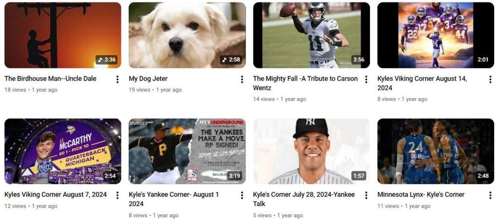 A collage of YouTube video thumbnails featuring dogs, people, and scenes from concerts and events.