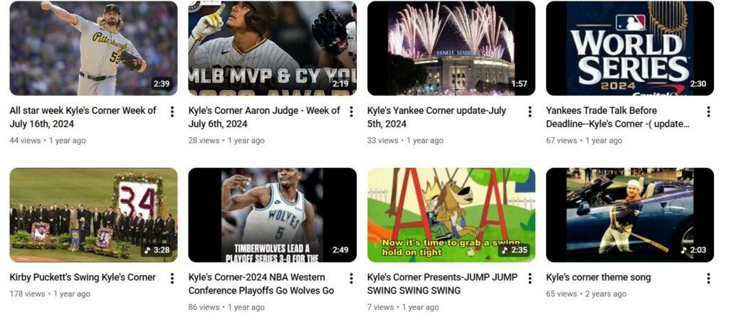 A 3x3 grid of sports-themed video thumbnails showing various moments from baseball, football, racing, and World Series clips.