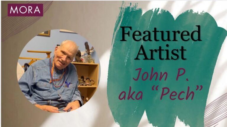 Graphic advertising the Featured Artist John P. aka 'Pech' with a circular photo on a teal brushstroke background.